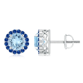 8mm AAA Round Aquamarine and Sapphire Halo Stud Earrings in White Gold