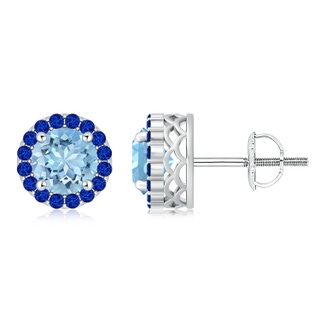 8mm AAAA Round Aquamarine and Sapphire Halo Stud Earrings in P950 Platinum