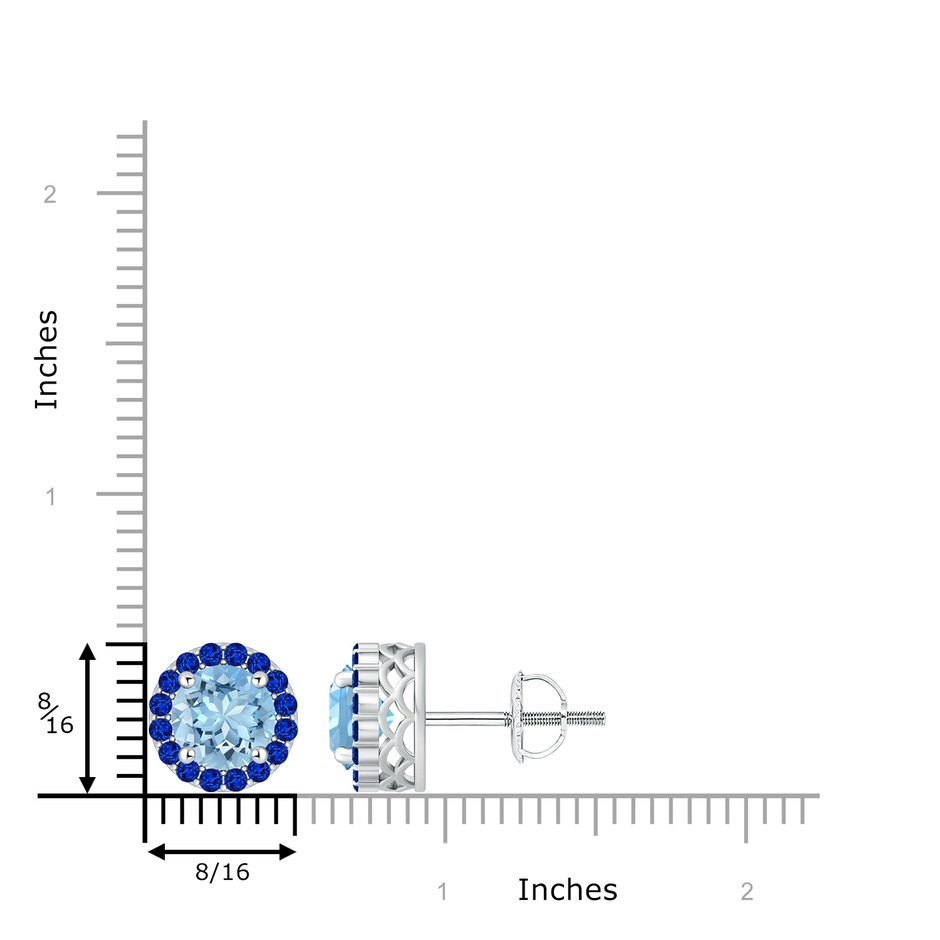 8mm AAAA Round Aquamarine and Sapphire Halo Stud Earrings in P950 Platinum ruler