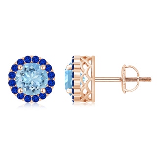 8mm AAAA Round Aquamarine and Sapphire Halo Stud Earrings in Rose Gold