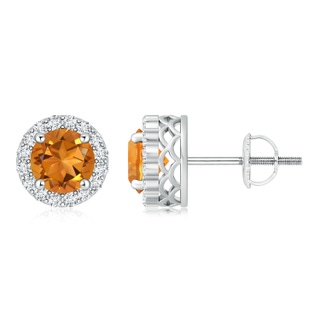 6mm AAA Round Citrine and Diamond Halo Stud Earrings in White Gold