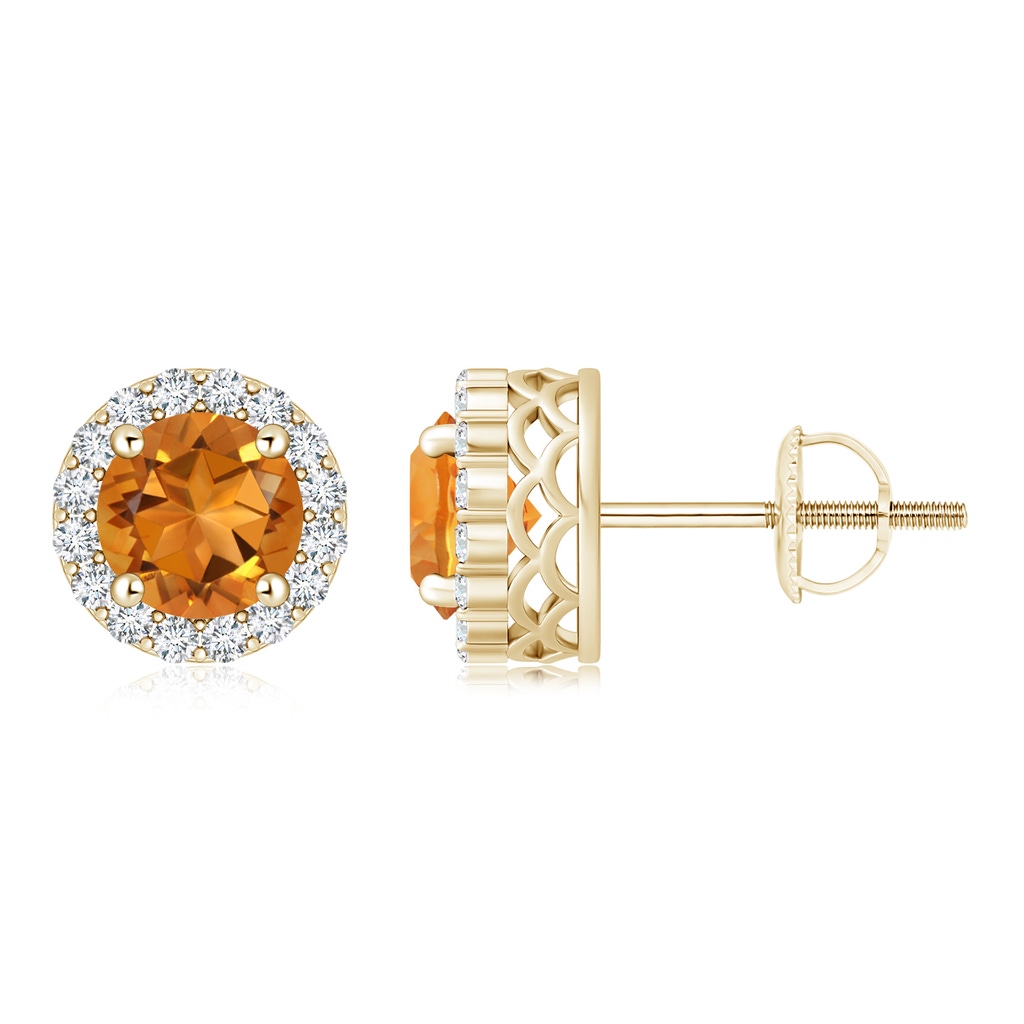 6mm AAA Round Citrine and Diamond Halo Stud Earrings in Yellow Gold