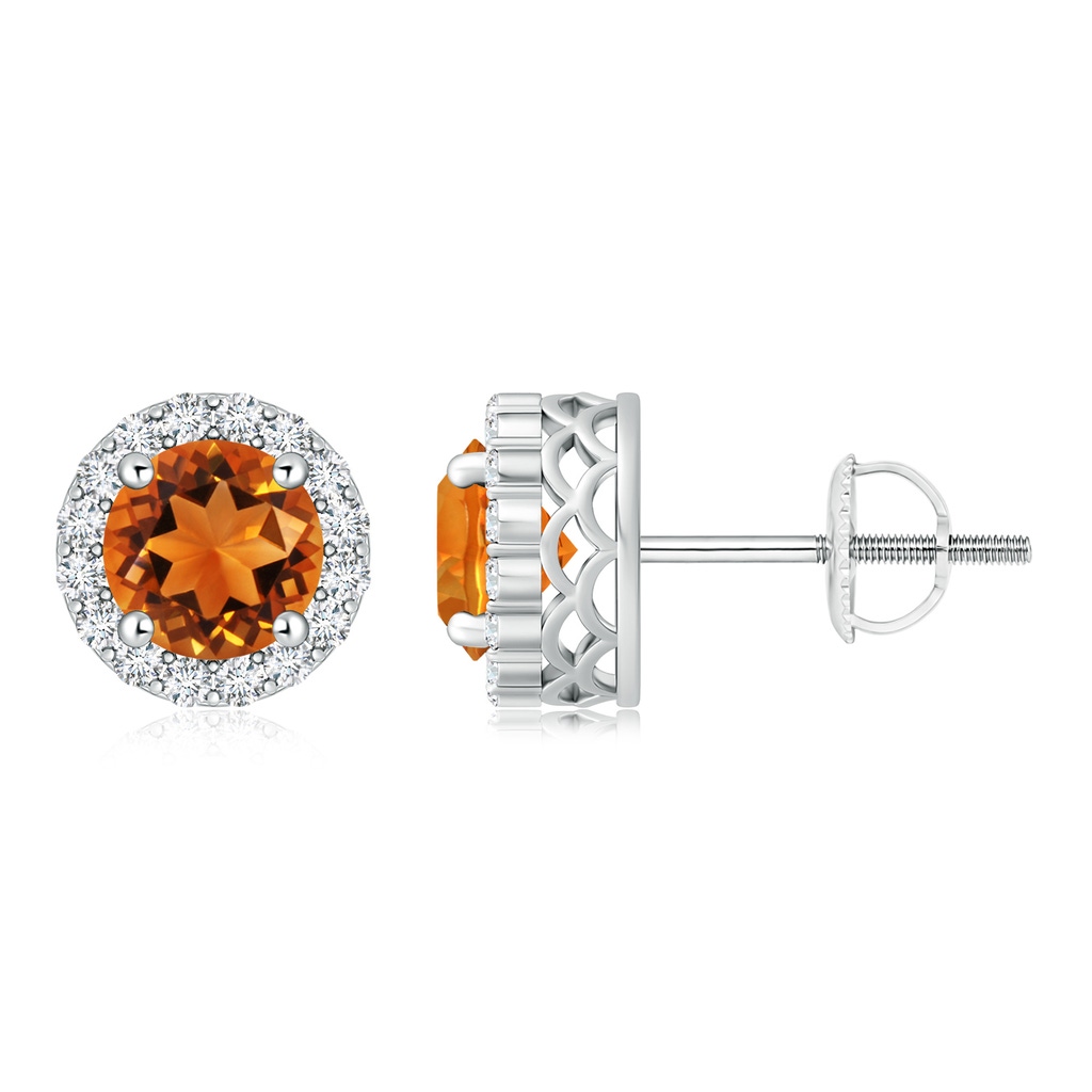6mm AAAA Round Citrine and Diamond Halo Stud Earrings in White Gold