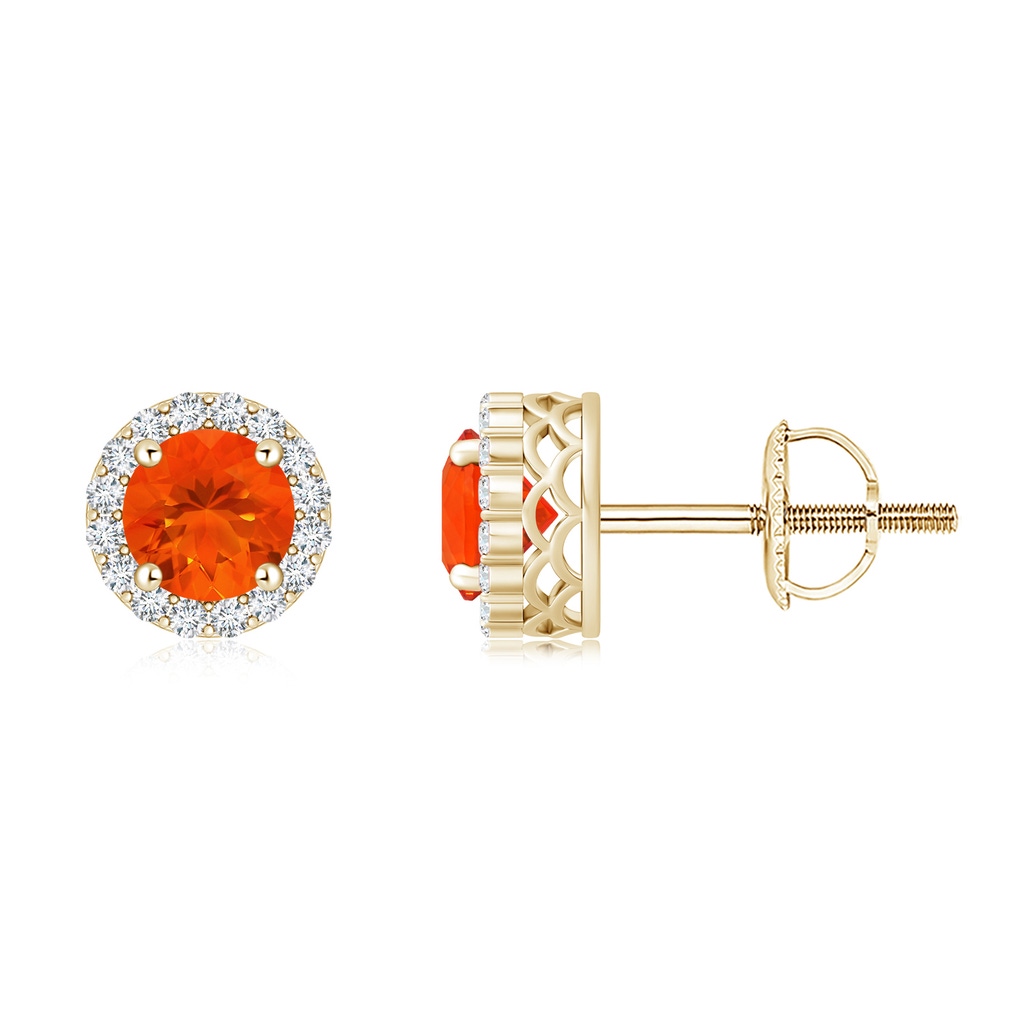 6mm AAA Round Fire Opal and Diamond Halo Stud Earrings in Yellow Gold