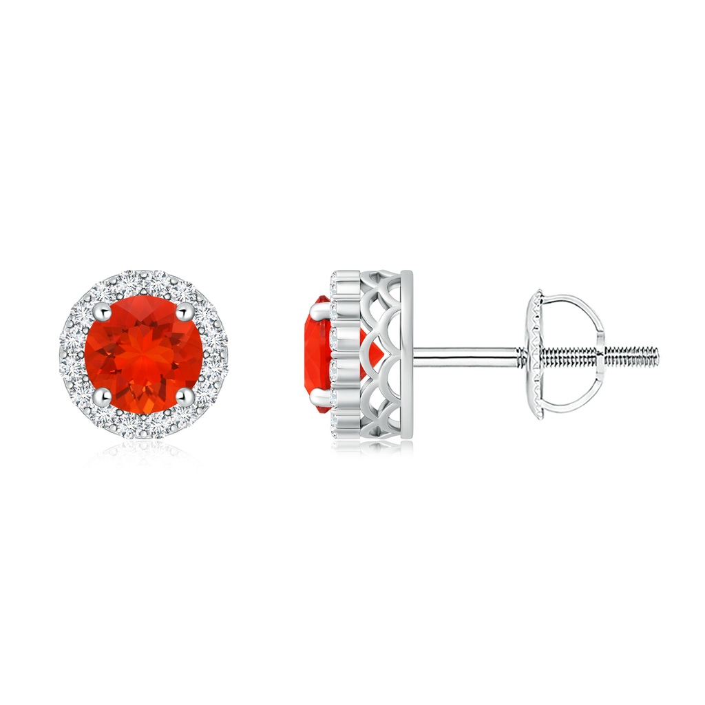 6mm AAAA Round Fire Opal and Diamond Halo Stud Earrings in P950 Platinum