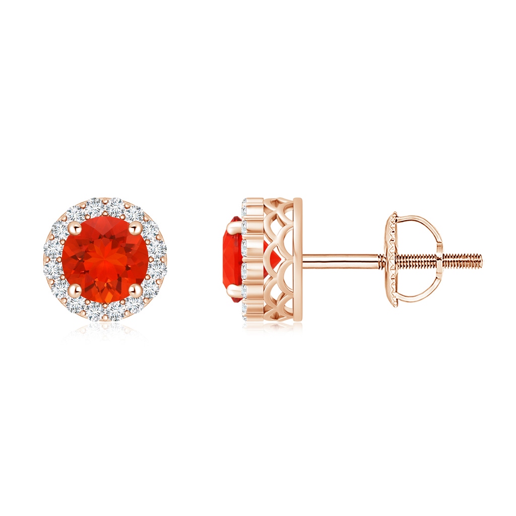 6mm AAAA Round Fire Opal and Diamond Halo Stud Earrings in Rose Gold