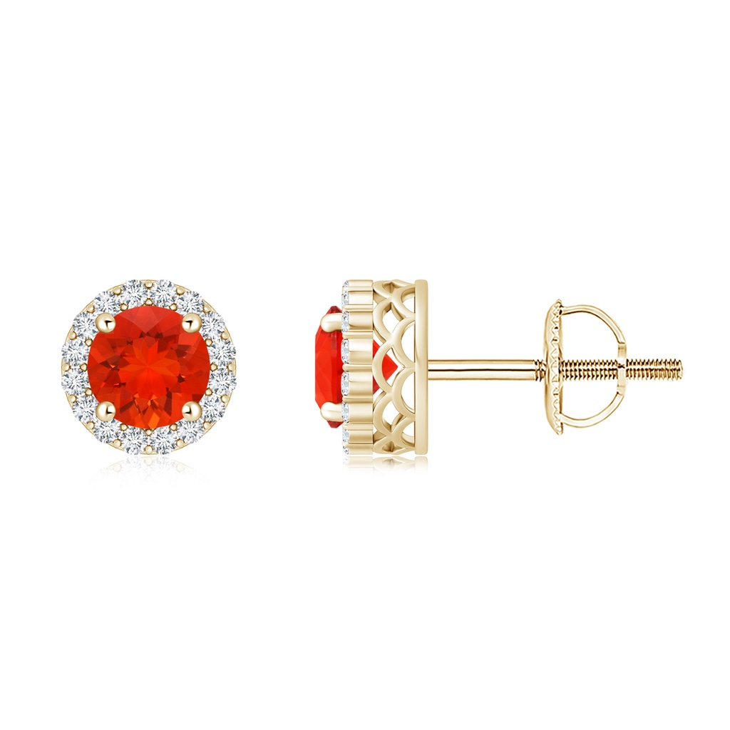 6mm AAAA Round Fire Opal and Diamond Halo Stud Earrings in Yellow Gold