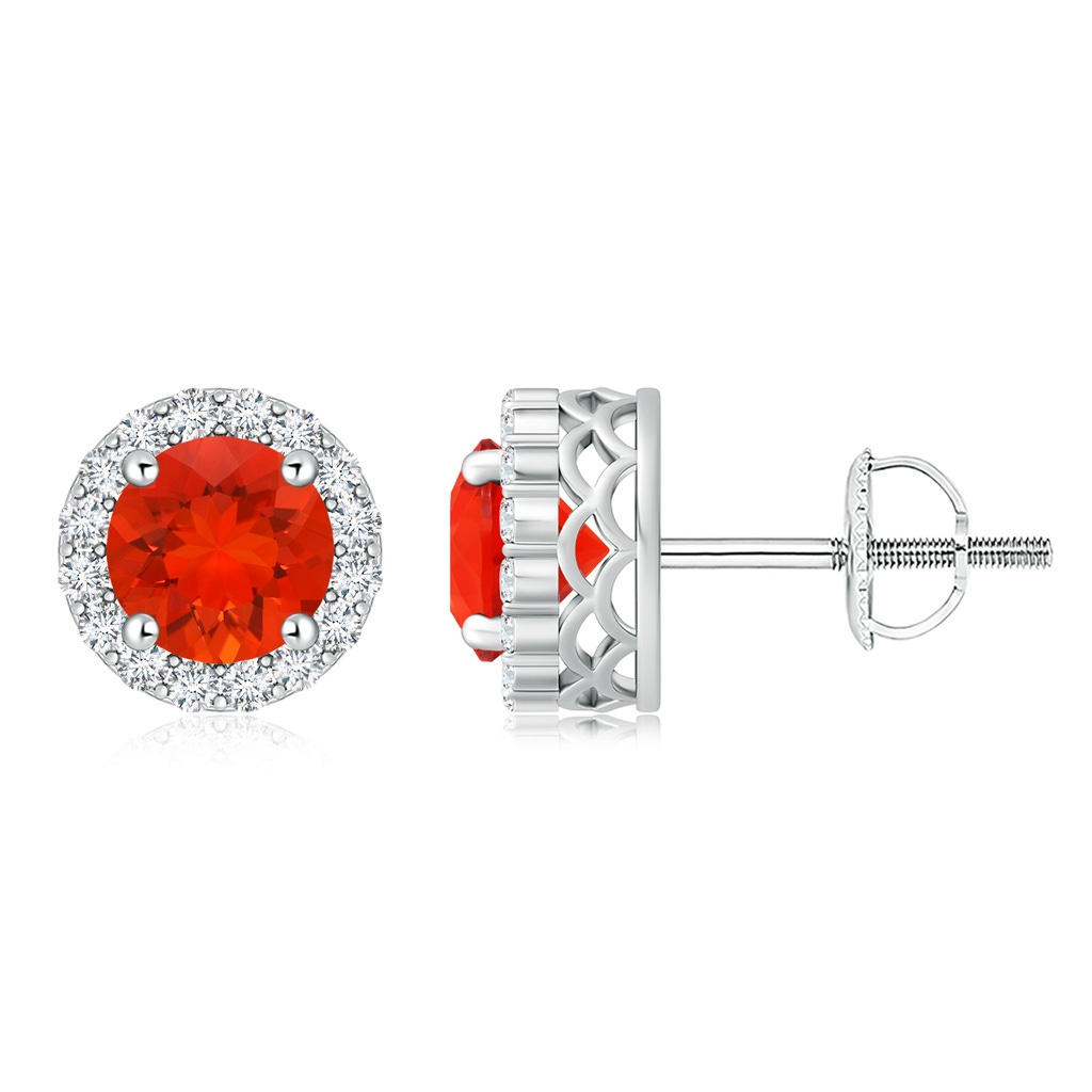 8mm AAAA Round Fire Opal and Diamond Halo Stud Earrings in White Gold