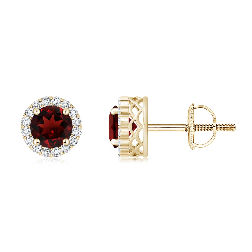 6mm AAA Round Garnet and Diamond Halo Stud Earrings in Yellow Gold