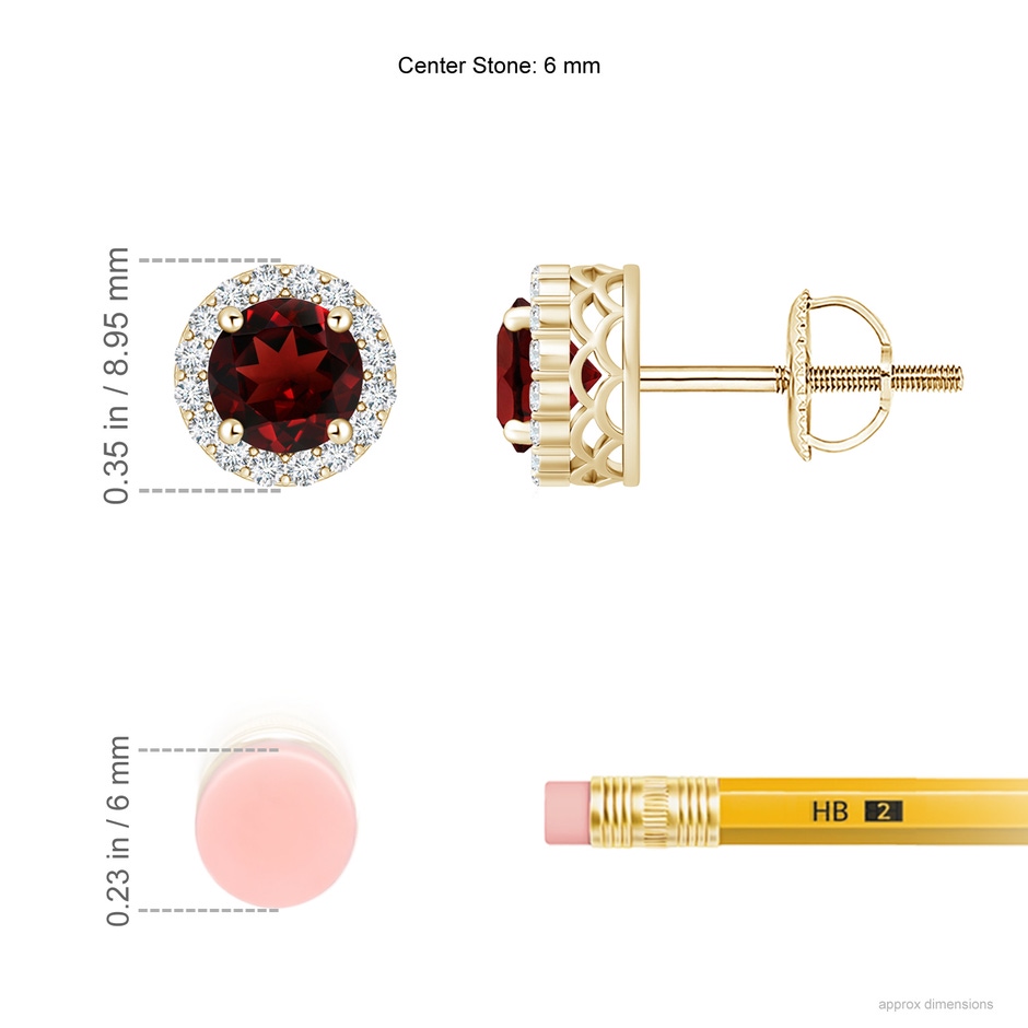 6mm AAA Round Garnet and Diamond Halo Stud Earrings in Yellow Gold ruler