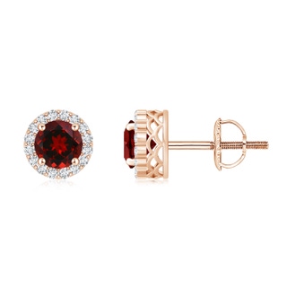 6mm AAAA Round Garnet and Diamond Halo Stud Earrings in Rose Gold