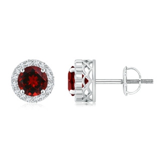 7mm AAAA Round Garnet and Diamond Halo Stud Earrings in P950 Platinum