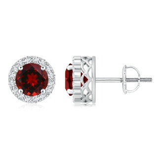 8mm AAAA Round Garnet and Diamond Halo Stud Earrings in P950 Platinum