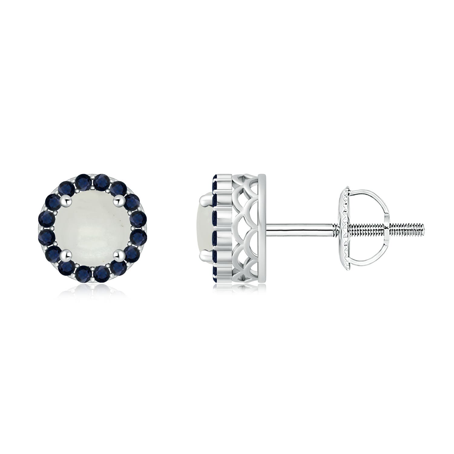 6mm A Round Moonstone and Sapphire Halo Stud Earrings in P950 Platinum