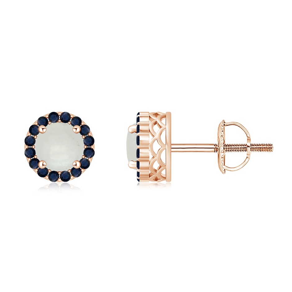 6mm A Round Moonstone and Sapphire Halo Stud Earrings in Rose Gold 