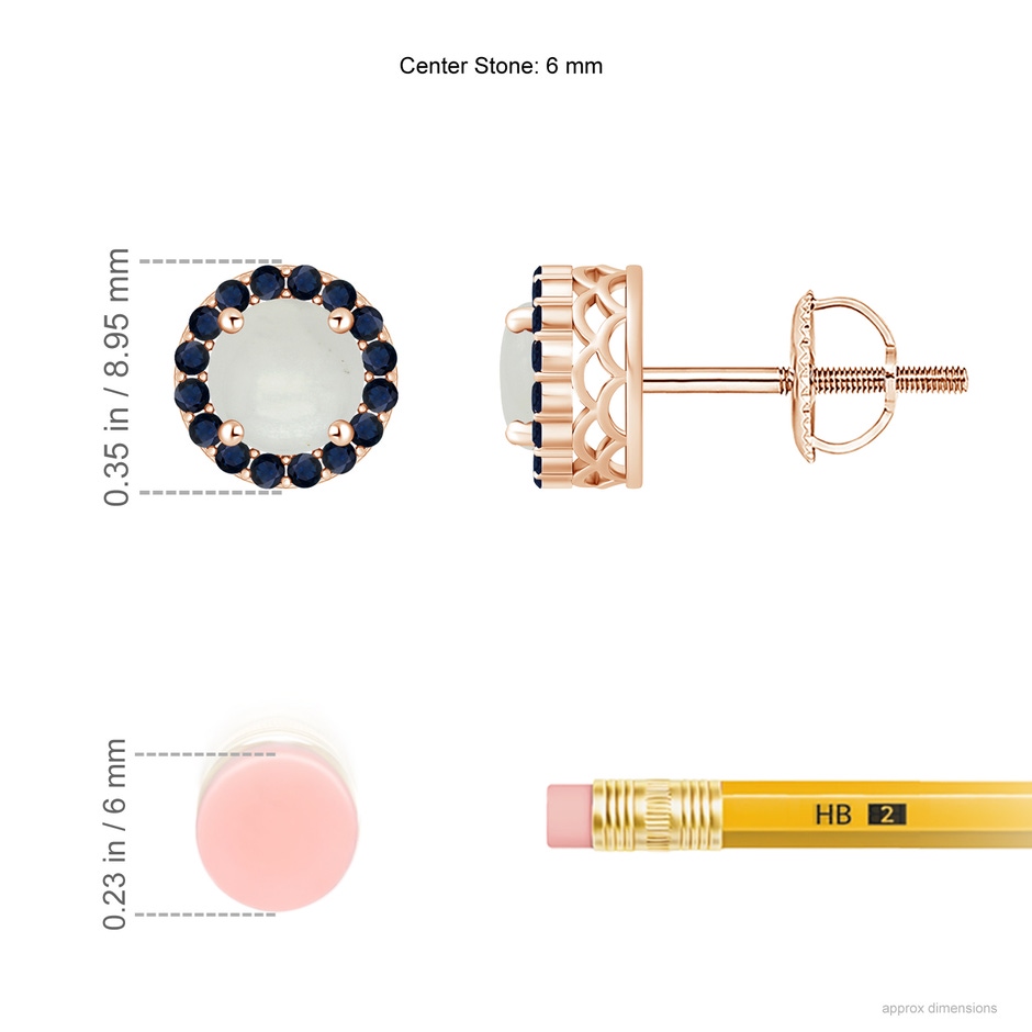 6mm A Round Moonstone and Sapphire Halo Stud Earrings in Rose Gold ruler