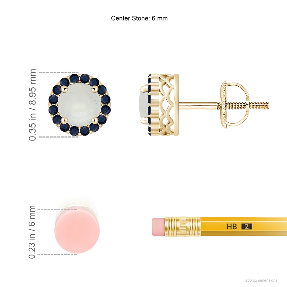 6mm A Round Moonstone and Sapphire Halo Stud Earrings in Yellow Gold ruler
