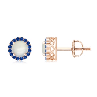 6mm AAA Round Moonstone and Sapphire Halo Stud Earrings in Rose Gold