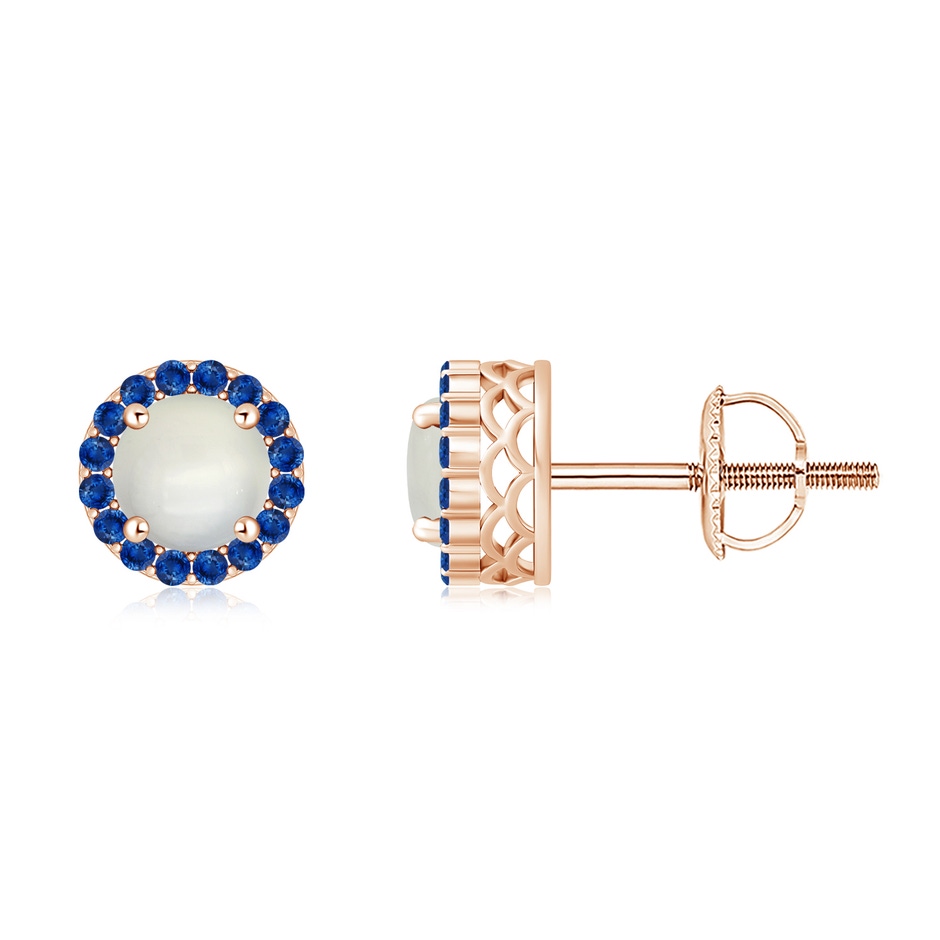 6mm AAA Round Moonstone and Sapphire Halo Stud Earrings in Rose Gold 
