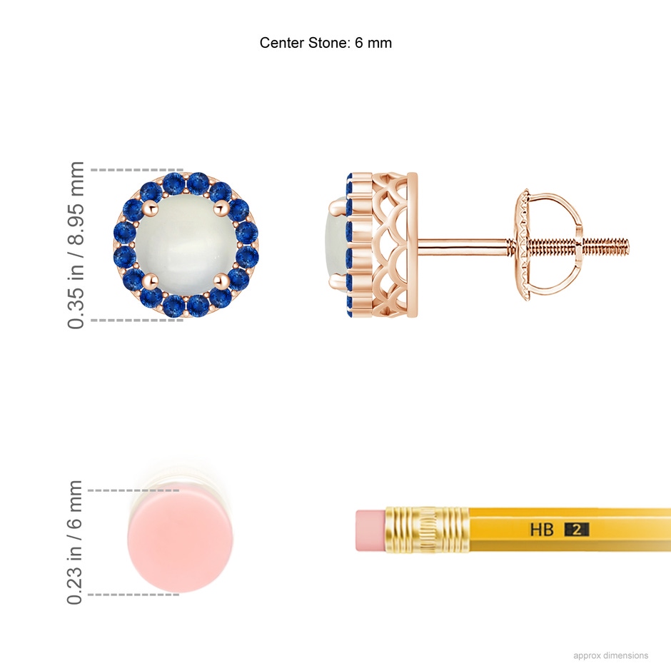 6mm AAA Round Moonstone and Sapphire Halo Stud Earrings in Rose Gold ruler