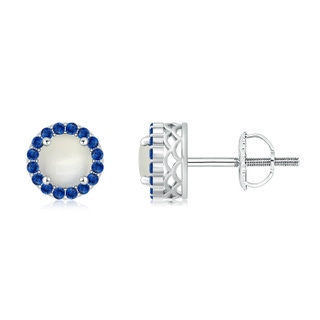 6mm AAA Round Moonstone and Sapphire Halo Stud Earrings in White Gold