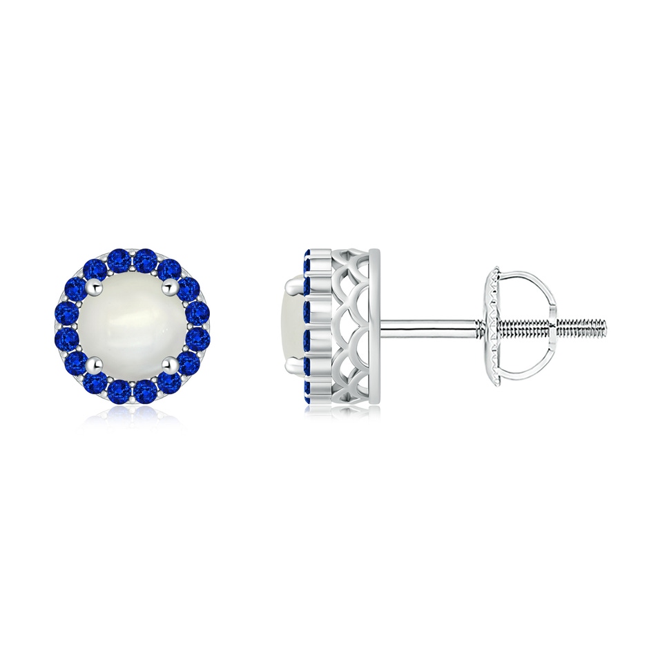 6mm AAAA Round Moonstone and Sapphire Halo Stud Earrings in P950 Platinum 