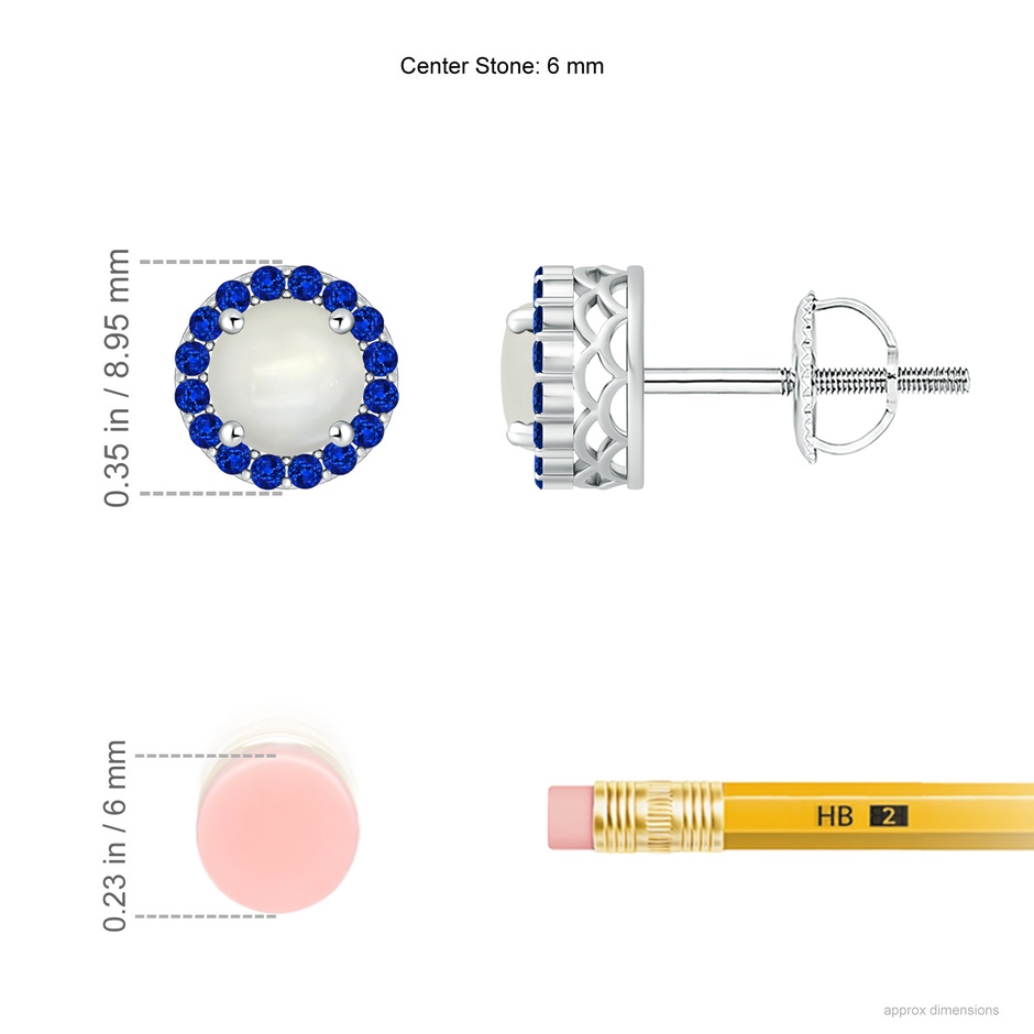 6mm AAAA Round Moonstone and Sapphire Halo Stud Earrings in P950 Platinum ruler