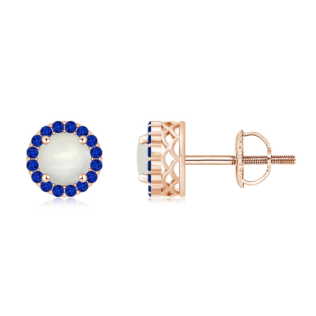 6mm AAAA Round Moonstone and Sapphire Halo Stud Earrings in Rose Gold