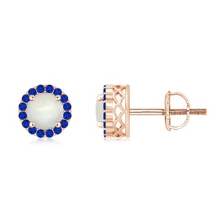 6mm AAAA Round Moonstone and Sapphire Halo Stud Earrings in Rose Gold