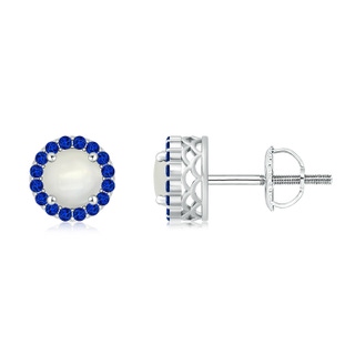 6mm AAAA Round Moonstone and Sapphire Halo Stud Earrings in White Gold