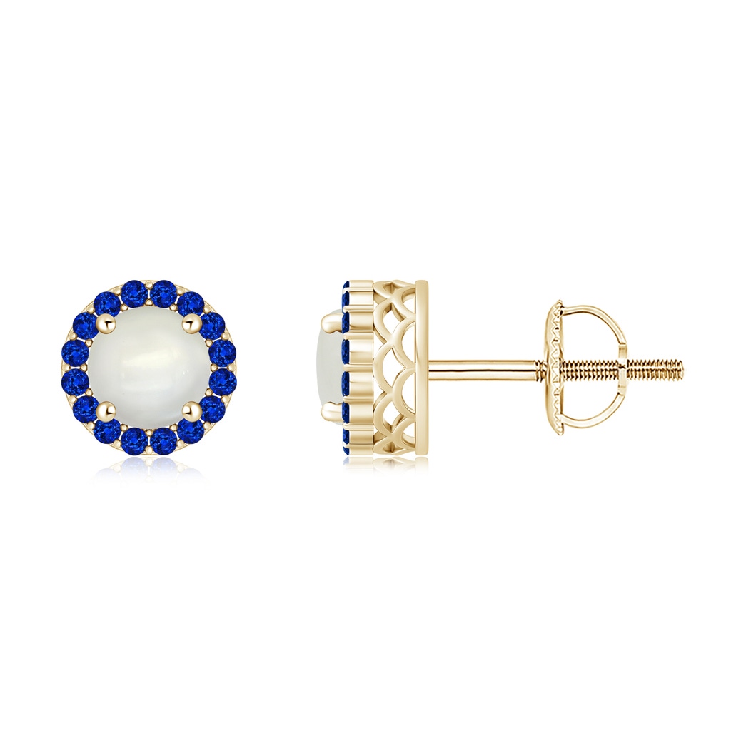 6mm AAAA Round Moonstone and Sapphire Halo Stud Earrings in Yellow Gold