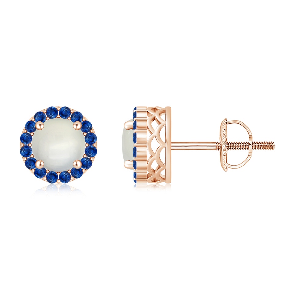 7mm AAA Round Moonstone and Sapphire Halo Stud Earrings in Rose Gold 