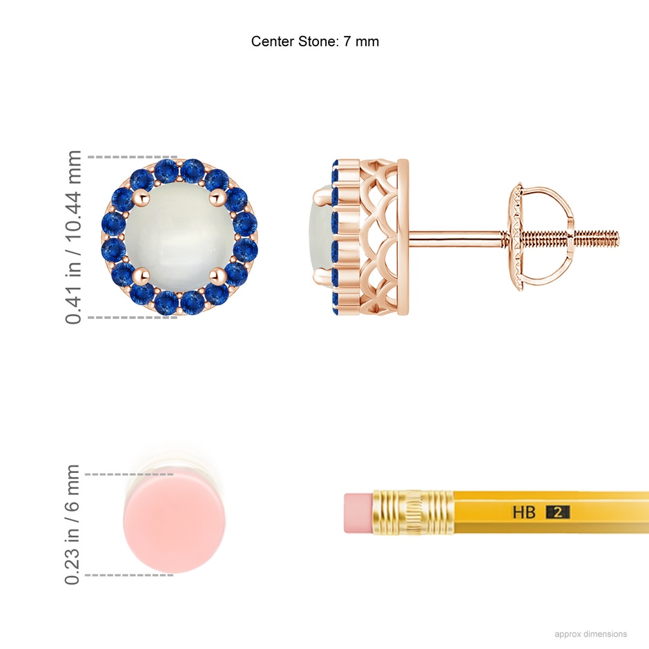 7mm AAA Round Moonstone and Sapphire Halo Stud Earrings in Rose Gold ruler