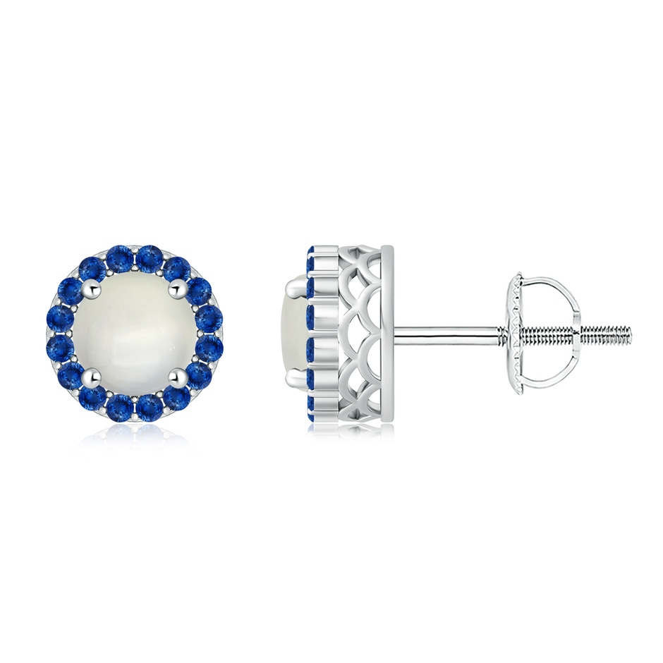 7mm AAA Round Moonstone and Sapphire Halo Stud Earrings in White Gold 