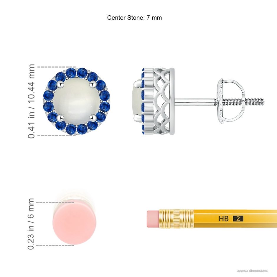 7mm AAA Round Moonstone and Sapphire Halo Stud Earrings in White Gold ruler