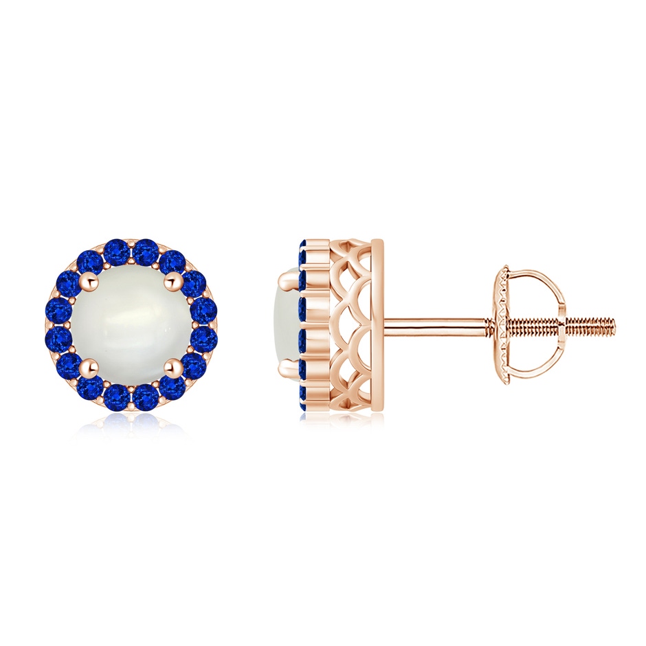 7mm AAAA Round Moonstone and Sapphire Halo Stud Earrings in Rose Gold 