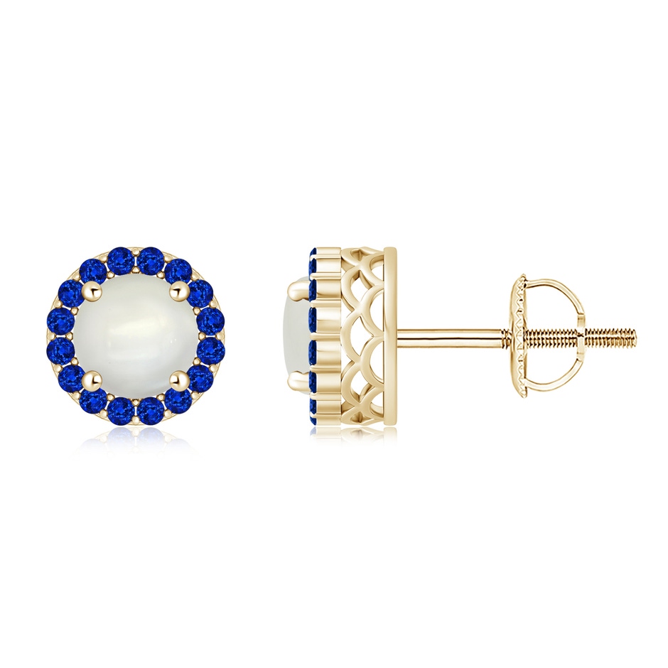 7mm AAAA Round Moonstone and Sapphire Halo Stud Earrings in Yellow Gold 