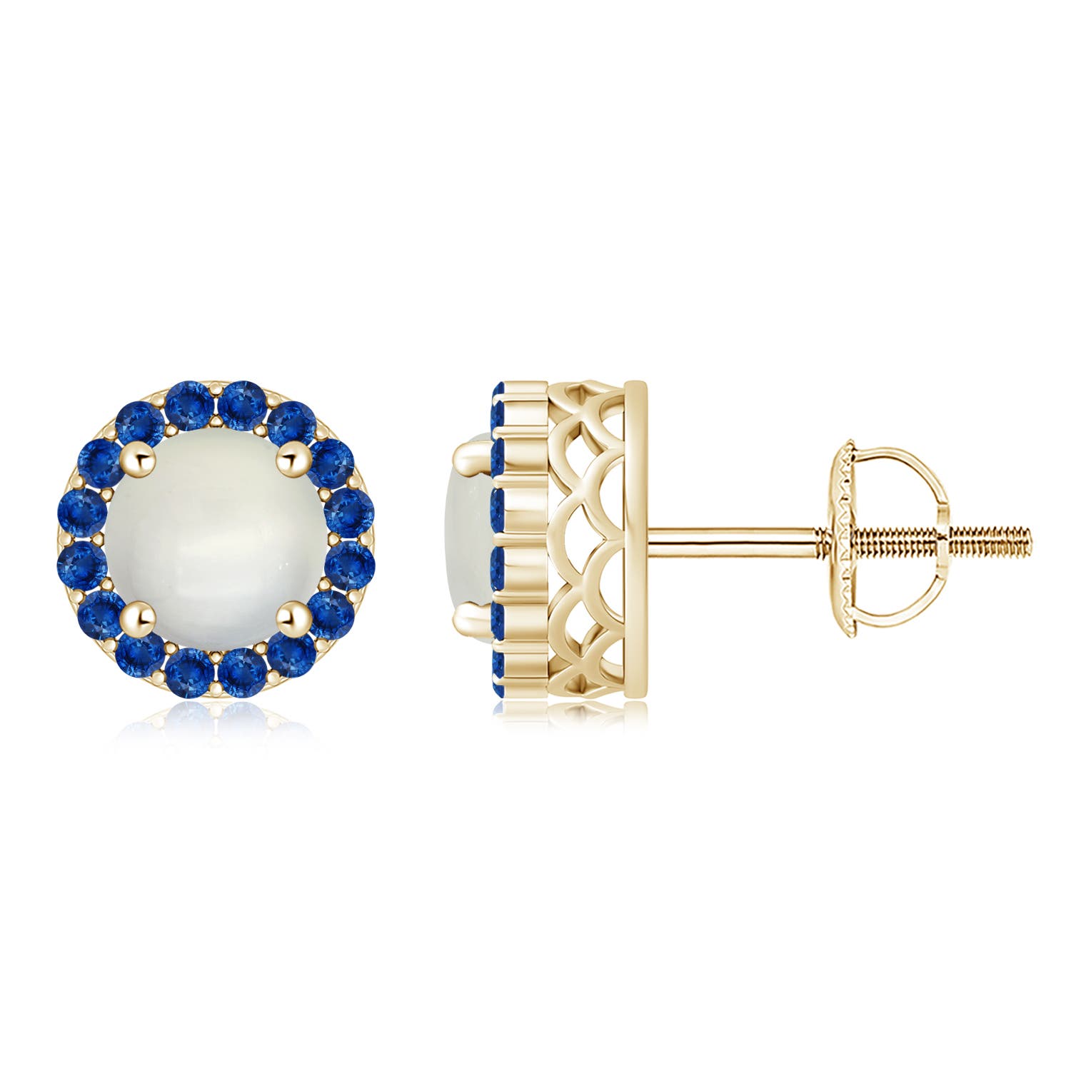 8mm AAA Round Moonstone and Sapphire Halo Stud Earrings in 18K Yellow Gold
