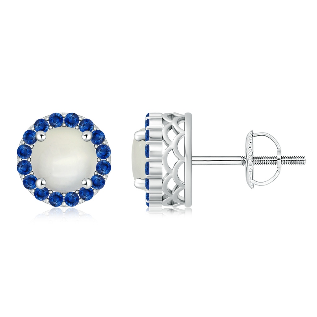 8mm AAA Round Moonstone and Sapphire Halo Stud Earrings in White Gold