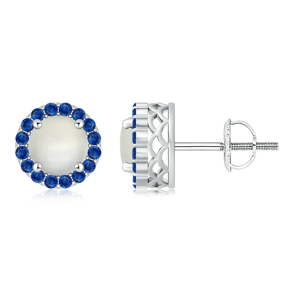 8mm AAA Round Moonstone and Sapphire Halo Stud Earrings in White Gold 