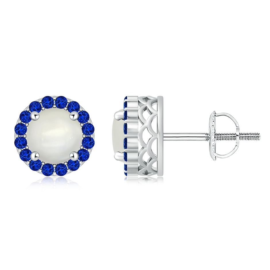 8mm AAAA Round Moonstone and Sapphire Halo Stud Earrings in White Gold 