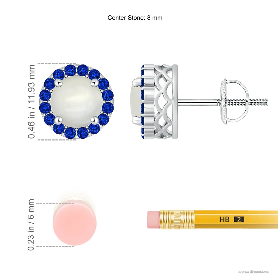 8mm AAAA Round Moonstone and Sapphire Halo Stud Earrings in White Gold ruler