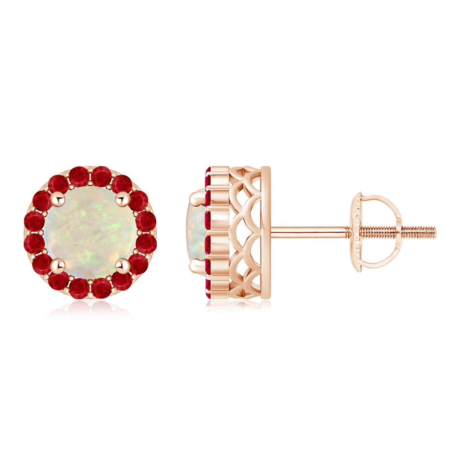 6mm AAA Round Opal and Ruby Halo Stud Earrings in Rose Gold 