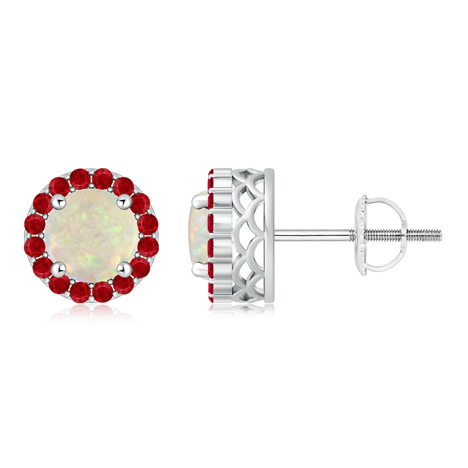 6mm AAA Round Opal and Ruby Halo Stud Earrings in White Gold 