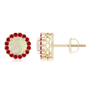 6mm AAA Round Opal and Ruby Halo Stud Earrings in Yellow Gold