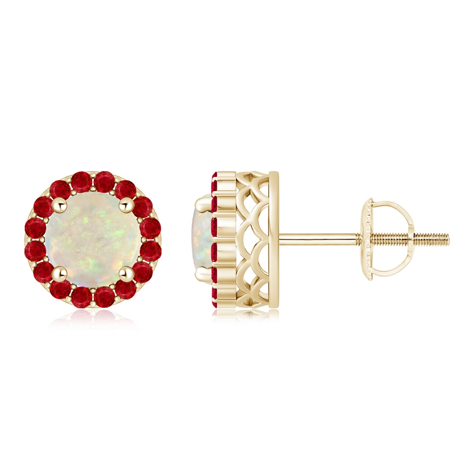 6mm AAA Round Opal and Ruby Halo Stud Earrings in Yellow Gold 