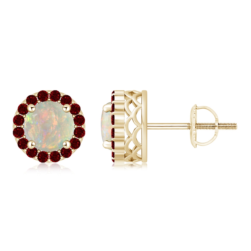 6mm AAAA Round Opal and Ruby Halo Stud Earrings in 10K Yellow Gold