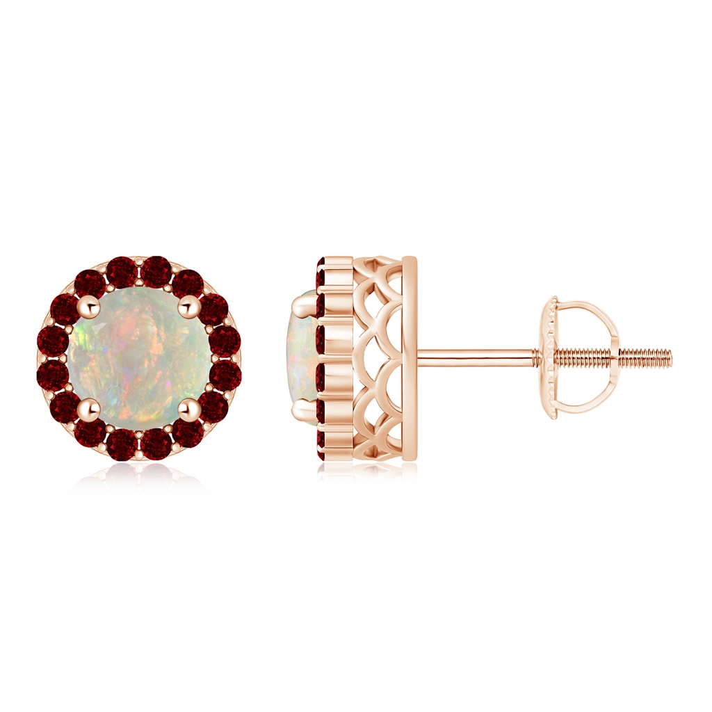 6mm AAAA Round Opal and Ruby Halo Stud Earrings in Rose Gold