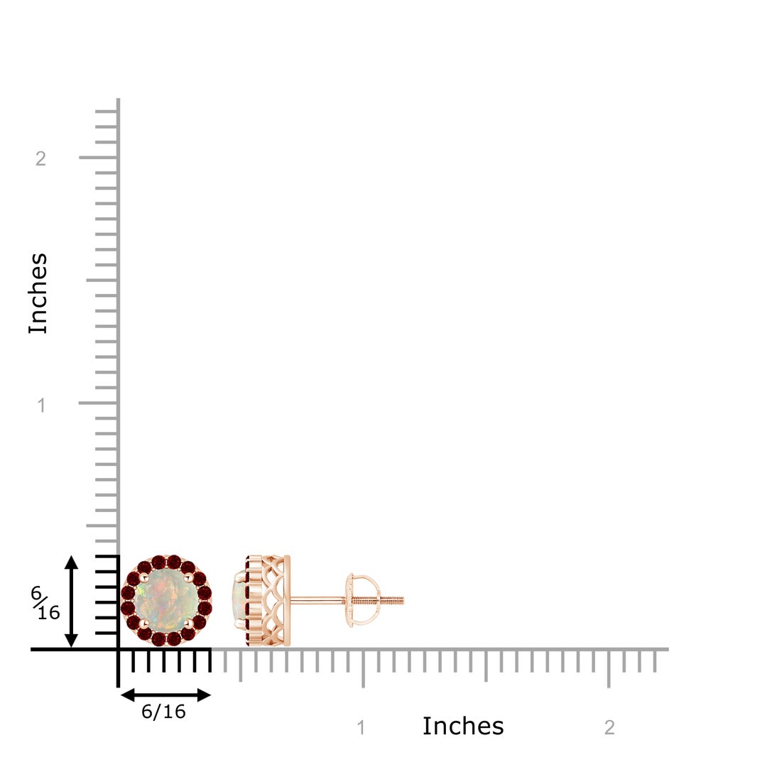 6mm AAAA Round Opal and Ruby Halo Stud Earrings in Rose Gold - ruler