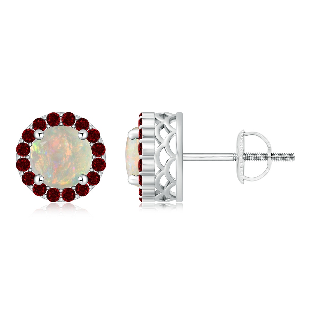6mm AAAA Round Opal and Ruby Halo Stud Earrings in White Gold